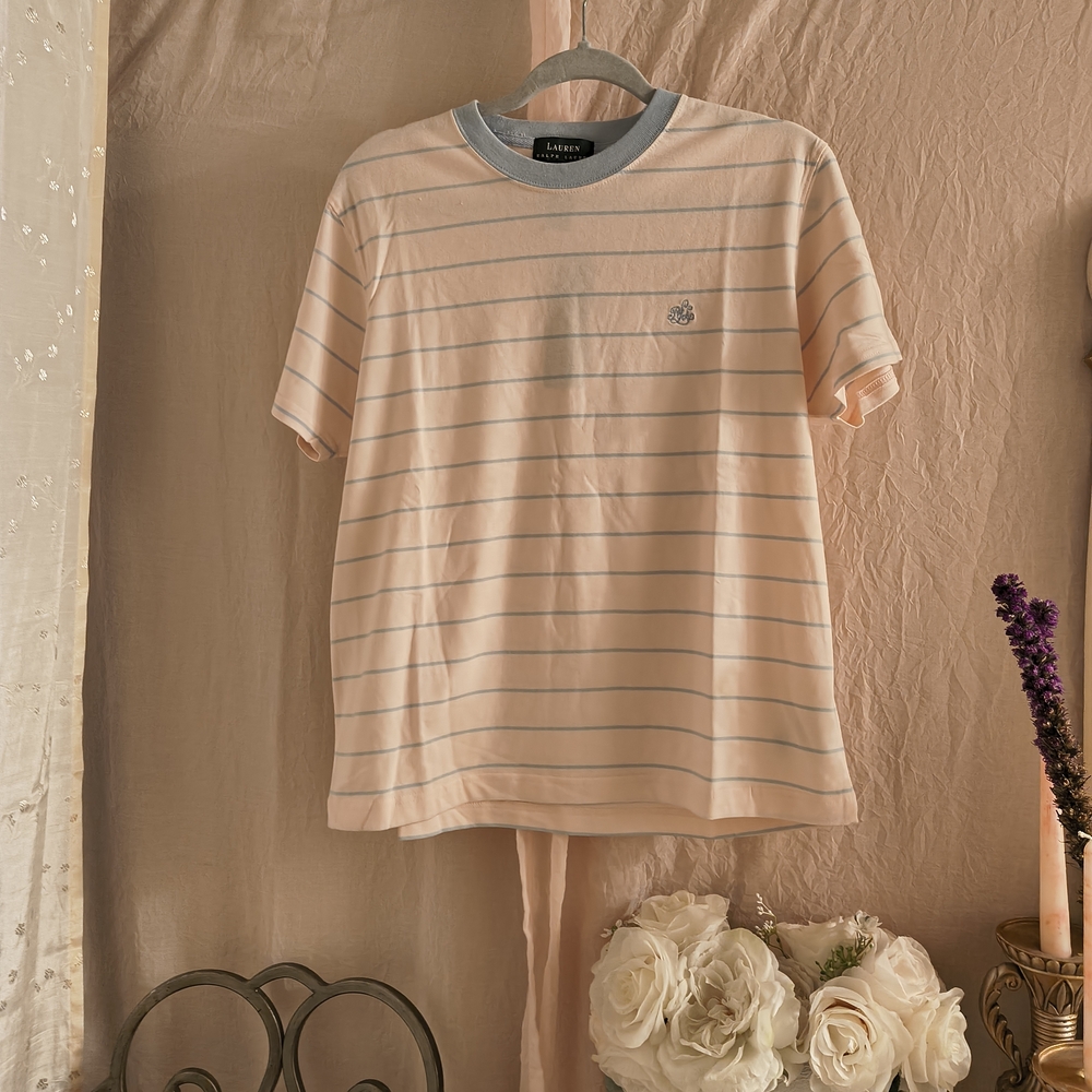 Lauren Ralph Lauren Peach and Blue Striped Long Sleeve Tee